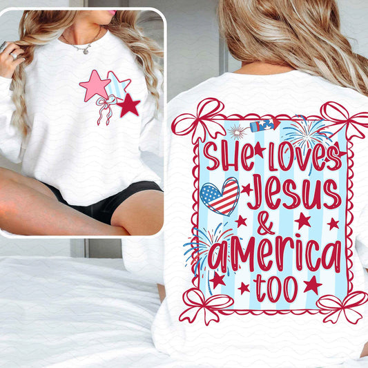 She Loves Jesus & America Too Patriotic Graphic Tee